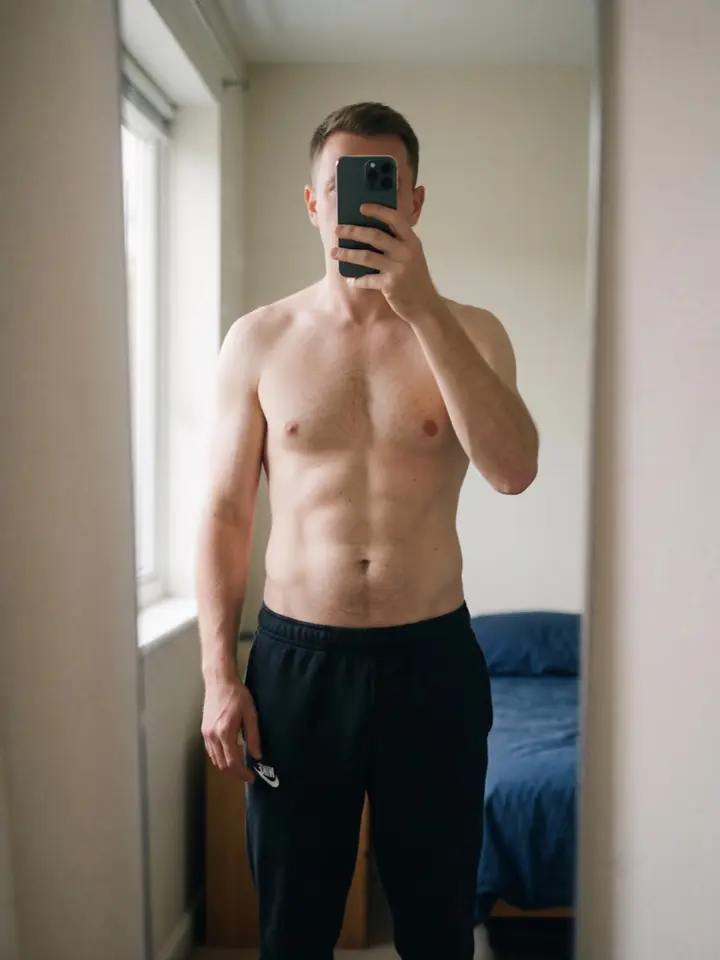 Same framing on July 17: a visibly leaner build, defined abs.