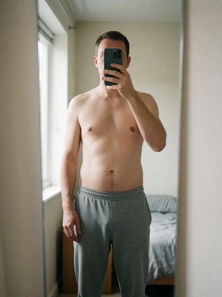 Progress photo from March 19: shirtless man, front view, taken in a mirror.